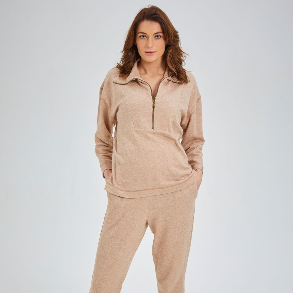 organic cotton camel maternity two-piece clothing.